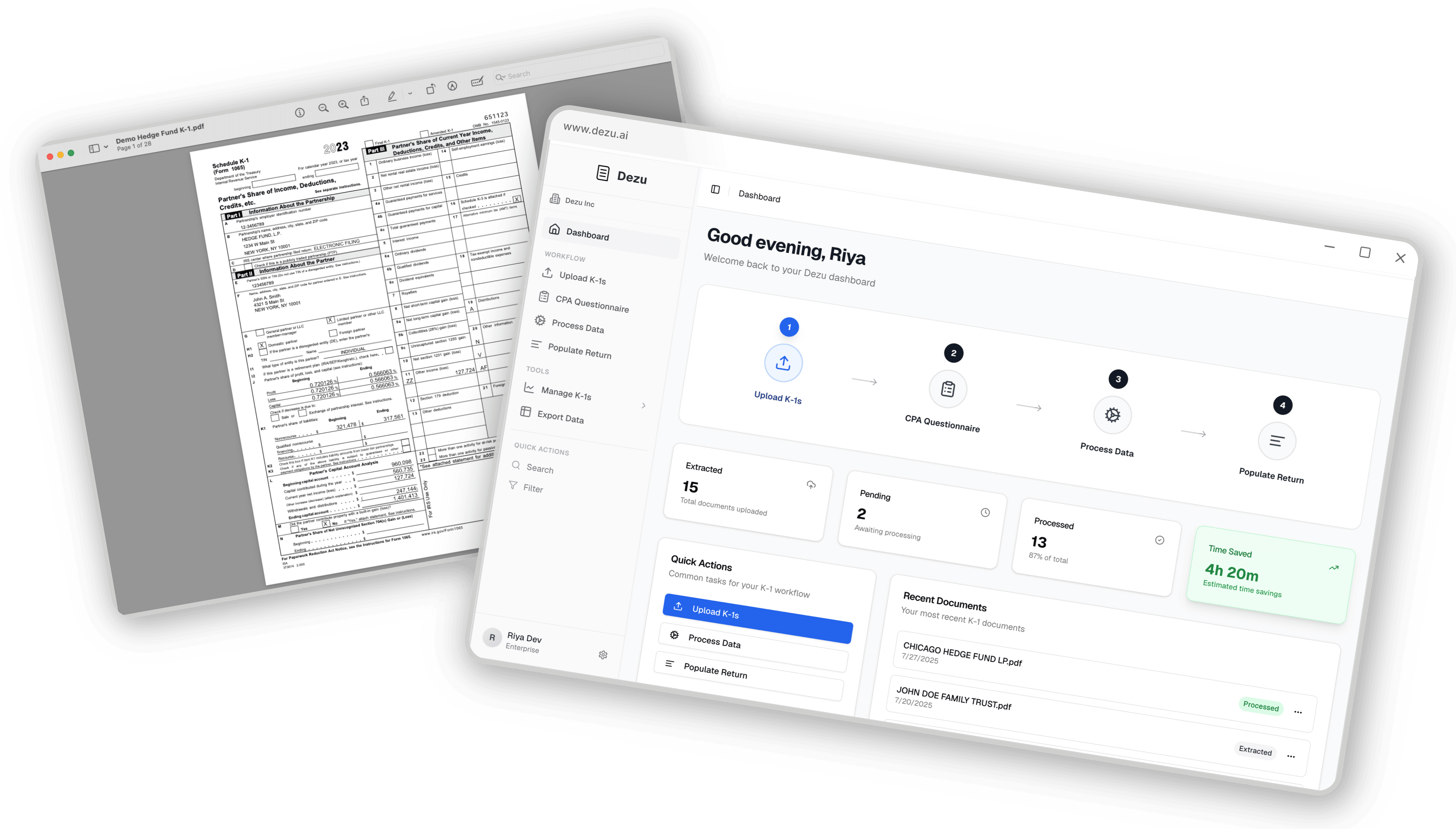 See what's possible with Dezu - transform complex K-1 tax forms into organized dashboard insights